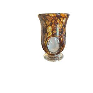Vtg Faux Tortoise Shell Blown Art Glass Vase Peekaboo Windows Pedestal Base 7"